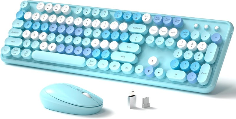 Links9+ Wireless Keyboard and Mouse, Full-Size Retro Typewriter Keyboard with Round Keycaps, 2.4GHz for Windows, Mac, Laptop, PC, Desktop (Blue Colorful) - Image 1